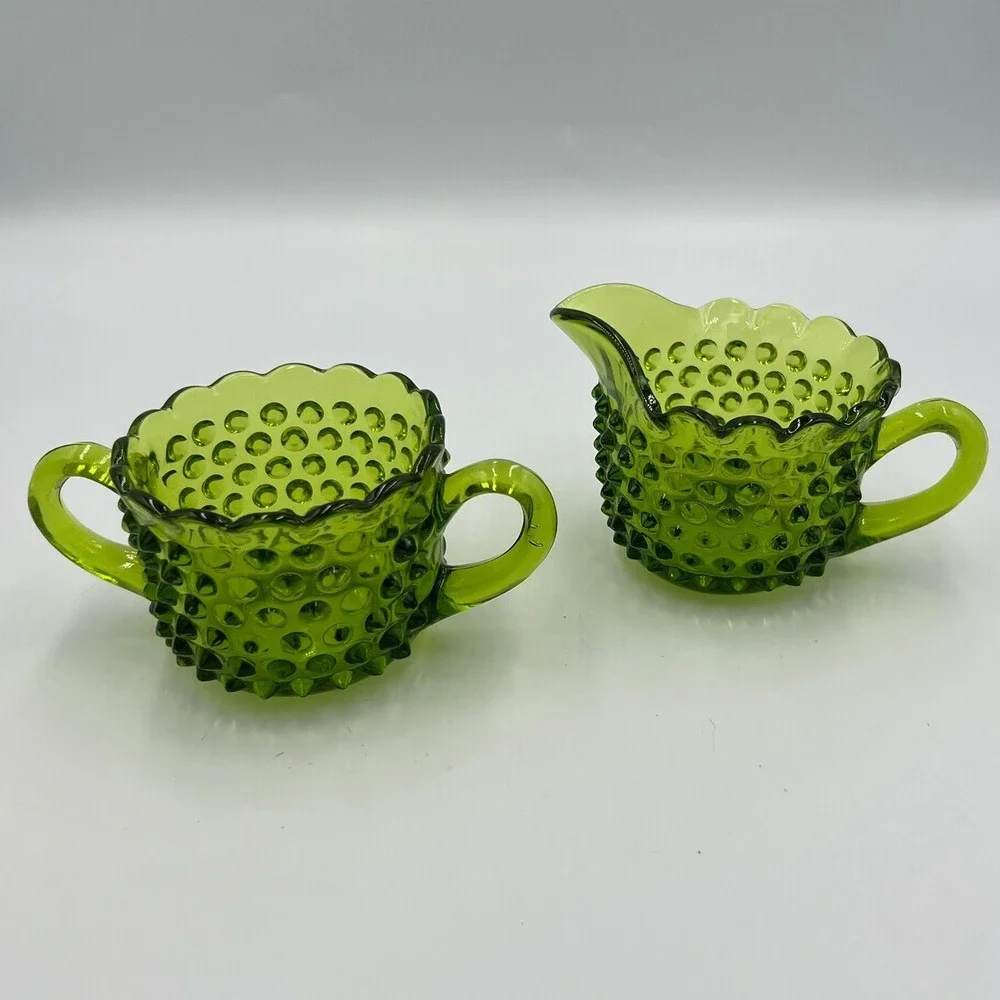Fenton Hobnail Creamer Sugar Set Avocado Green Very Good MCM Glass